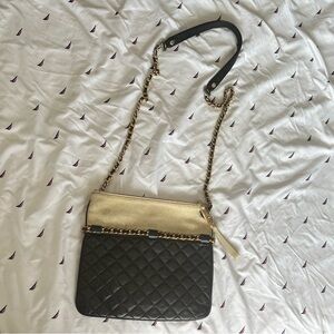 Elegant Black and Gold Quilted Genuine Leather Shoulder Bag